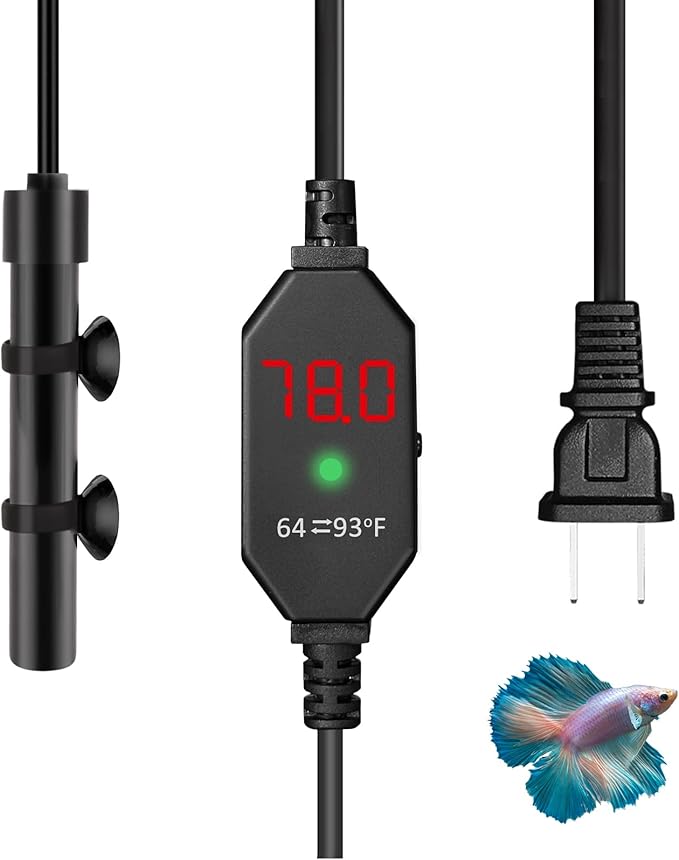 Small Submersible Aquarium Heater, Adjustable Mini Fish Tank Heater 15W 25W 50W with External Temperature Controller, Digital Display, Alumina Ceramic, for 3/5/10 Gallons (25W)