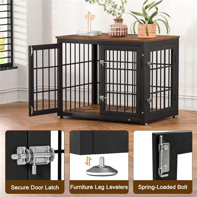 rehomerance 32 Inch Heavy Duty Dog Crate Furniture for Medium and Small Dogs, Decorative Pet House End Table, Wooden Cage Kennel Furniture Indoor, Rustic Brown