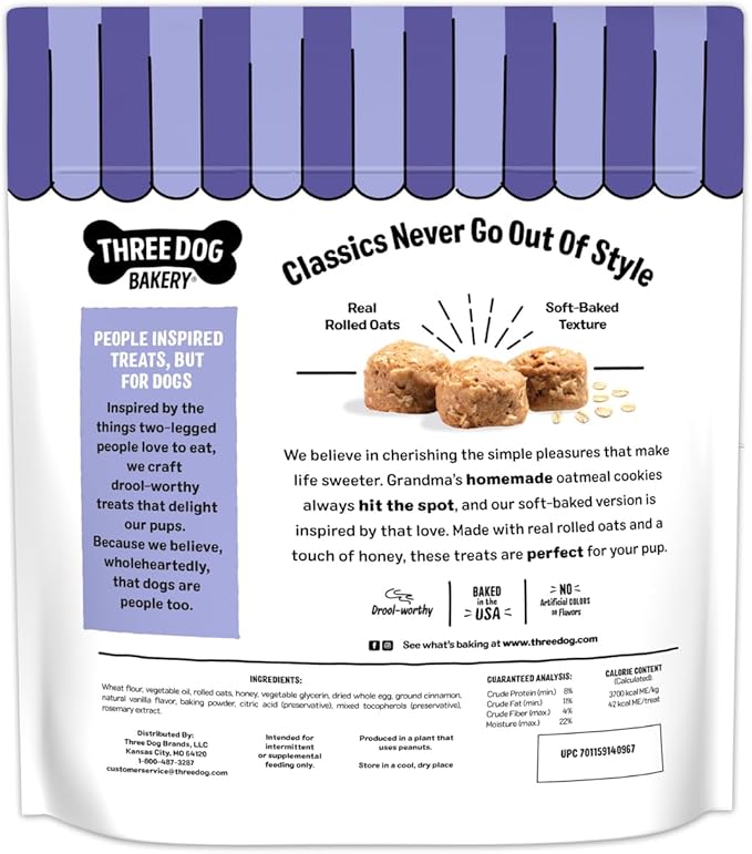 Three Dog Bakery Classic Oatmeal Cookies for Dogs, Baked Puppy Treats with Real Oats, 24 oz