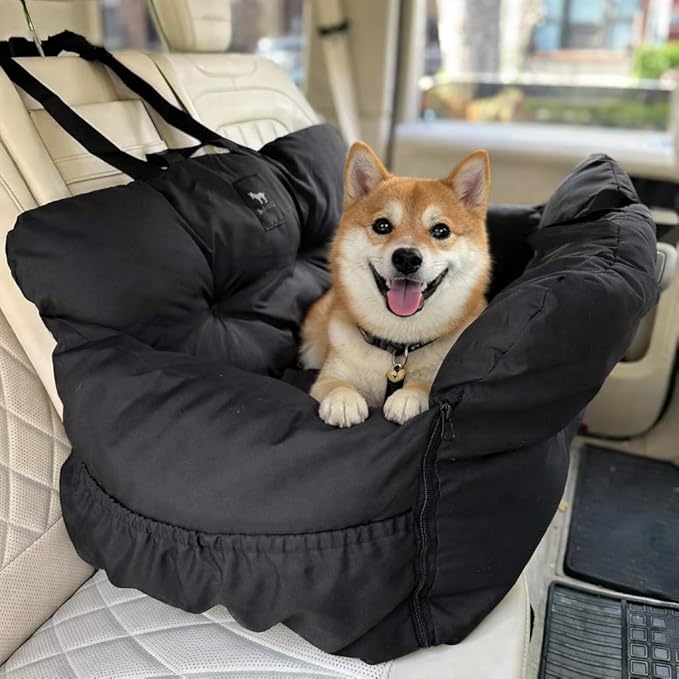 JACKO & CO Premium Dog Car Seat – Safe & Cozy Travel Bed Carrier for Small Dogs, Puppies, Pets, Clip-On Leash, Storage Pockets, Water-Resistant, Machine Wash (Black, Standard Medium (25-40 lbs))