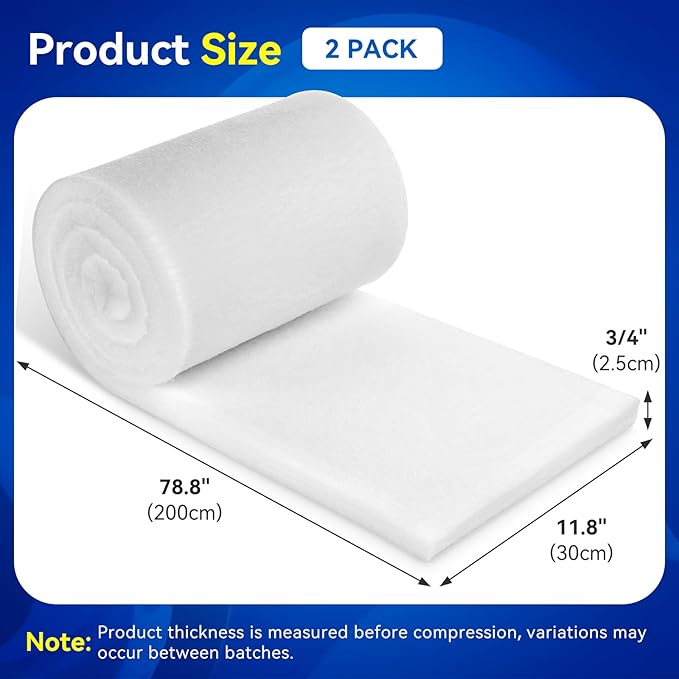 Borlech Aquarium Filter Floss Pad - Mechanical & Polishing Polyester Media for Fish Tank Filters, Ultra-Clear Water in No Time, 3/4" Thick (78.8” x 11.8”) 2 Pack