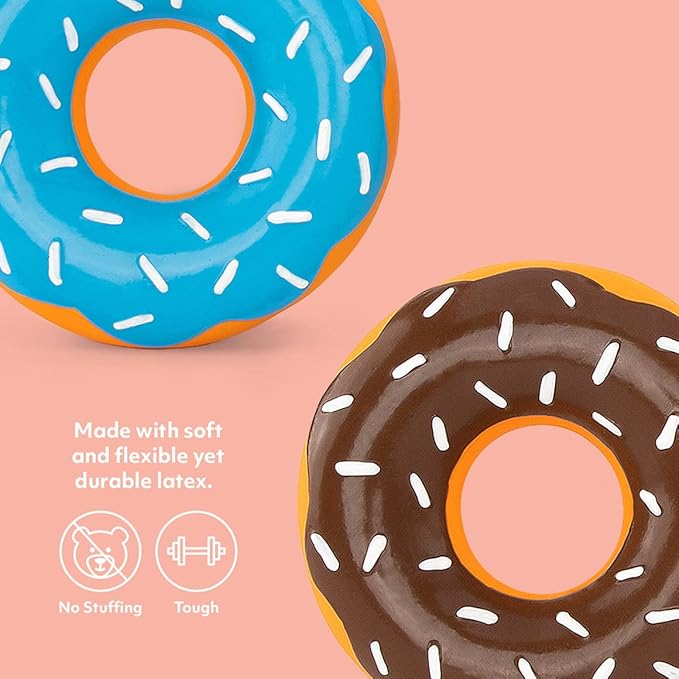 ZippyPaws Latex Donutz, Durable Dog Toy for Interactive Play, No Stuffing - Chocolate & Blueberry (2-Pack)