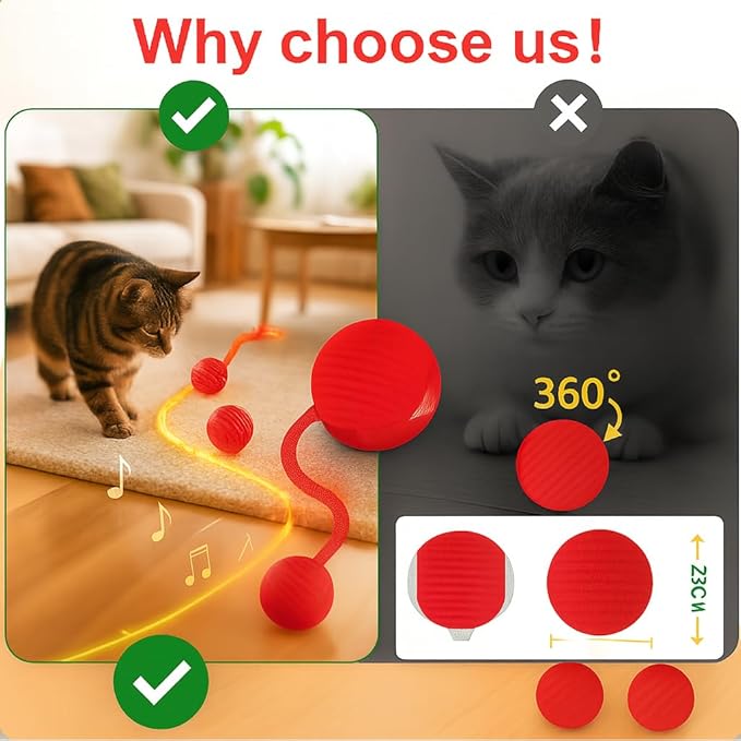 Interactive Cat Toy Ball – Rechargeable Smart Rolling Cat Ball Toy – Auto Movement – Indoor Cat Toys for Kittens – Light-Up Modes – Dual Speed – Cat Toys Interactive
