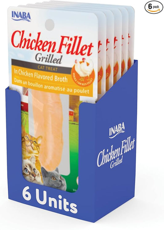 INABA Premium Hand-Cut Grilled Chicken Fillet Cat Treats/Topper with Vitamin E and Green Tea Extract, 0.9 Ounces Each, Pack of 6, Chicken Broth