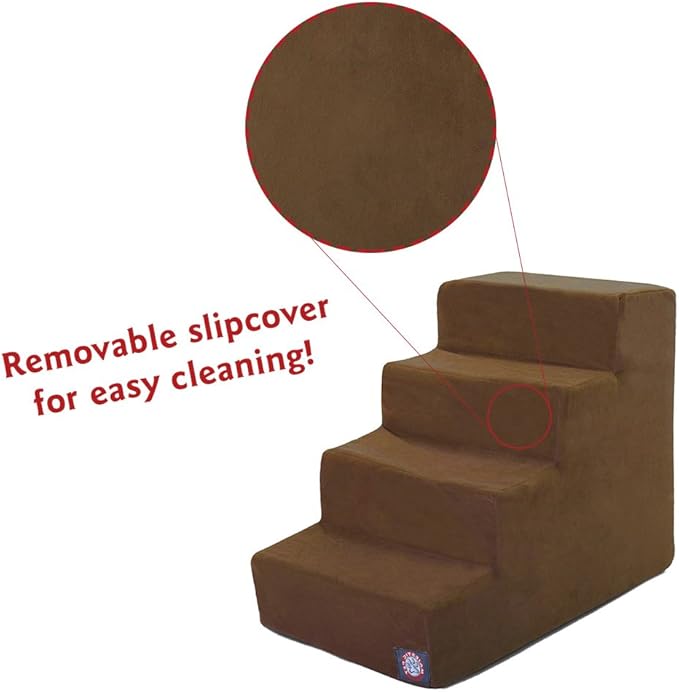 Majestic Pet 4 Step Portable Dog Stairs for Small Dogs to get on Bed Supports 250 lbs or Less – Dog Steps for High Bed with Machine Washable Cover –Pet Stairs for Cats Suede Chocolate
