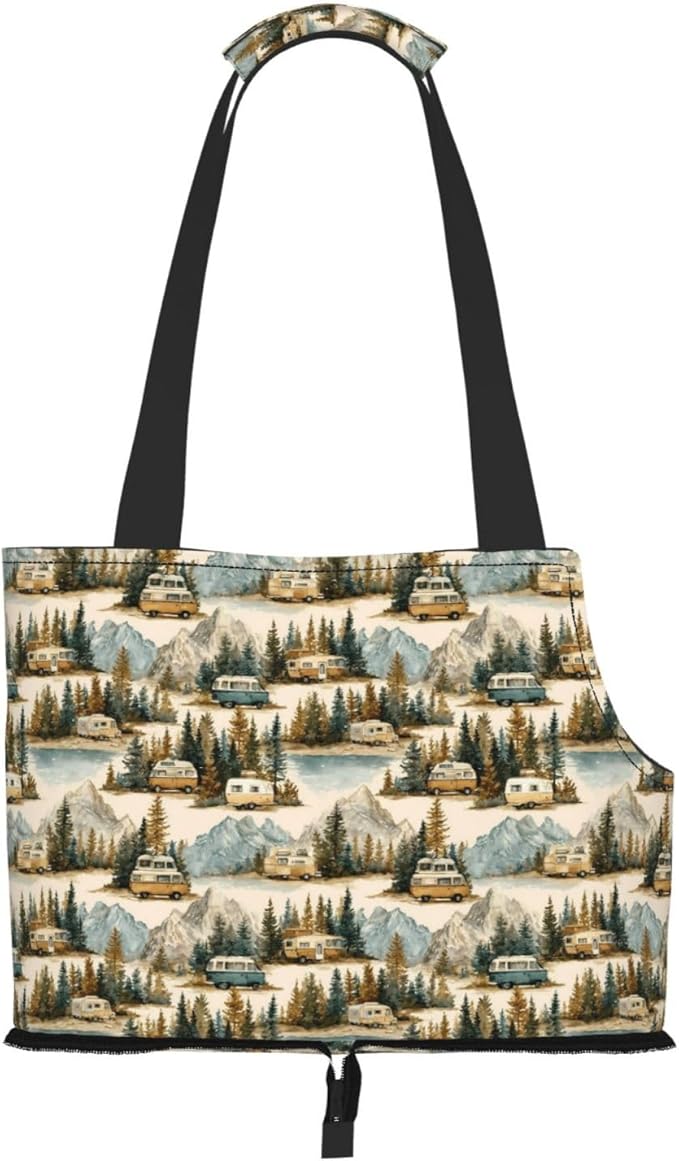 Camping Caravan (2) Print Foldable Pet Tote Bag, Shoulder Carrier for Small Dogs and Cats