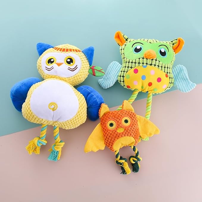Colorful Owl Pet Toy, Dog and Cat Chew Toy for Interactive Training, Durable Plush with Squeaky Sound, Multiple Owl Designs Available, Made of Corn Plush and PP Cotton (Savage Owl)