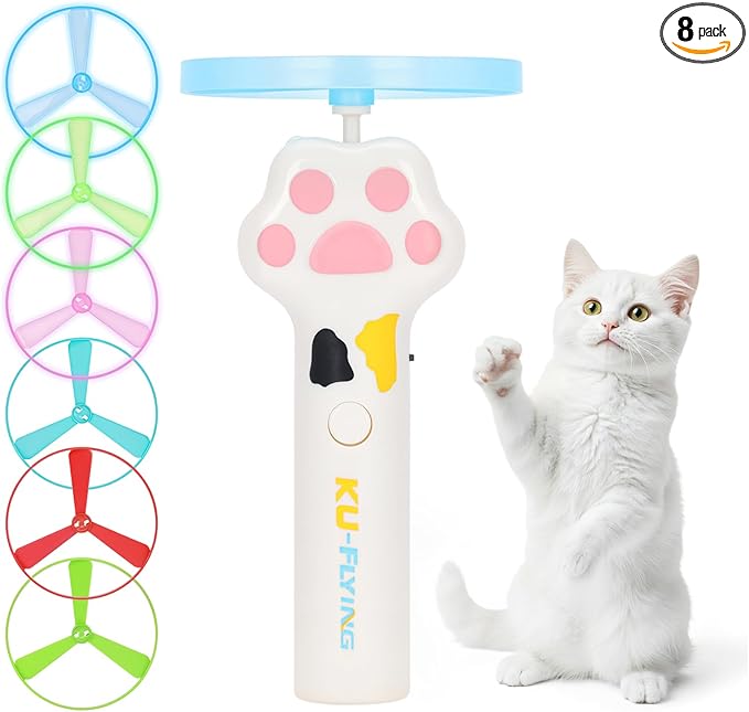 Cat Chase Fetch Toy - Rechargeable Disc Launcher with 6 Flying Spinners - Best Interactive Pet Hunting Toys for Indoor Outdoor Yard Cats Dog (White)