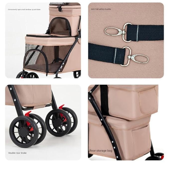 YYW Double Pet Stroller for Small Cats and Dogs, Foldable Kittens Puppies Travel Strolling Cart with 2 Carriages, Cup Holder & Lockable Wheels, Ideal for Multi-Pet Families(Khaki)