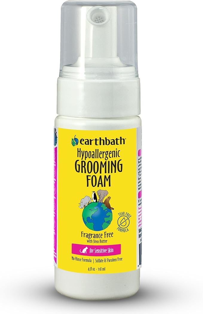 earthbath, All Natural Hypo-Allergenic Cat Grooming Foam - Fragrance Free Cat Shampoo for Allergies and Itching, Cruelty Free, No Water Needed, Rub On & Towel Off, Made in USA, Cat Supplies - 4 Oz