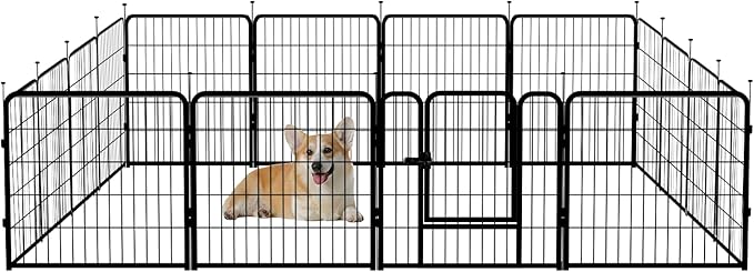Amazon Basics Dog Playpen, 16 Panels Metal Fence with Door, Foldable for Indoor and Outdoor Use, Suitable for Small to Medium Sized Dogs, 24 Inch Height, Black