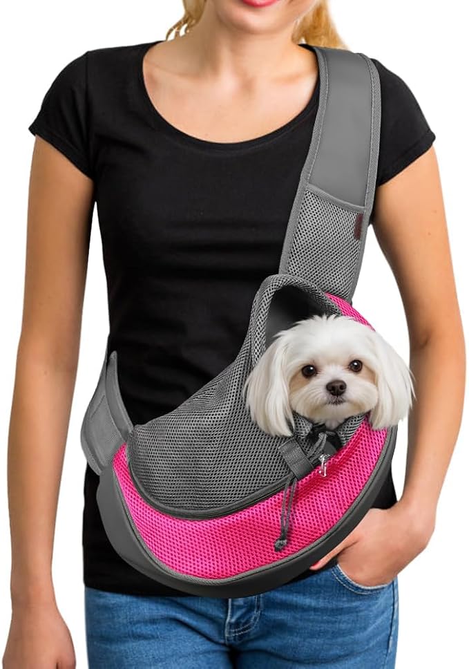 YUDODO Pet Sling Carrier for 10-15 lbs Small Dogs & Cats – Hands-Free Puppy Carrier with Safety Hook, Large Zipper Pocket, Soft Breathable Mesh, Adjustable Strap & Reflective Strip (Pink 1.0 L)