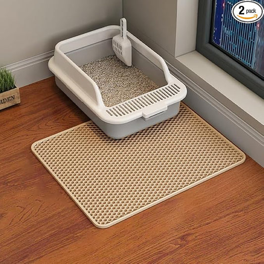 HCY&WLD 2-Pack Cat Litter Mat, Double Layer Honeycomb Waterproof Urine Proof Non-slip Litter Trapping Mat, Less Waste, Easy to Clean Cat Litter Box Mat, Kitten Indoor Supplies (Khaki, 20x16 Inches)
