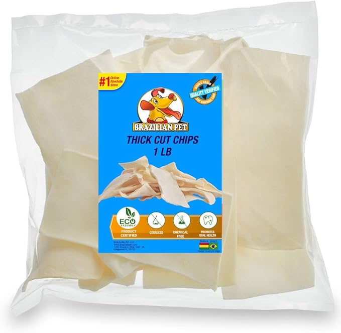 Brazilian Pet Premium Thick Cut Chips, Wholegrain Rawhide (Last Much Longer Than Traditional Chips). 100% Natural. Great Behavioral Dog Chewing Treat Solution. No Preservatives. (1 Pound)