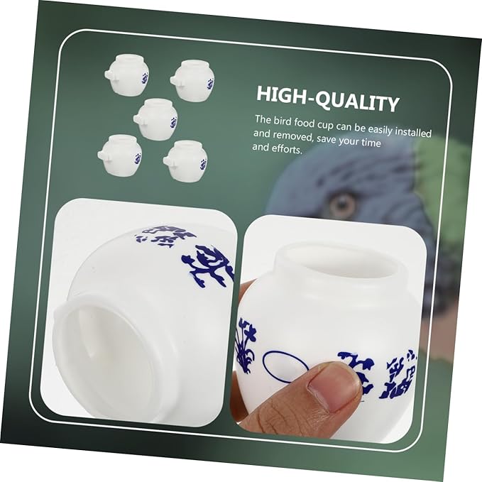 KALLORY 5pcs Large Round Parrot Food Bowls Set Blue and White Porcelain Style Bird Feeding Cups Water Holders Compatible Bird Cages for Parrots and Small