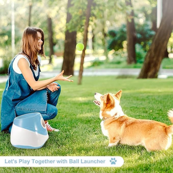 MEKAPLE Automatic Dog Ball Launcher, Dog Ball Thrower Machine with 10-30Ft 3 Launching Distance, Interactive Toys for Small Dogs Indoor & Outdoor with 15 Mini Tennis Balls (2 inch) -Blue