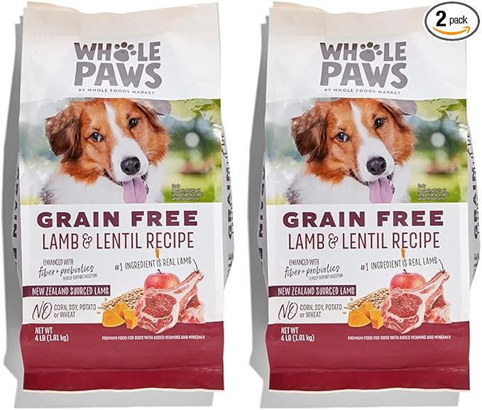 Whole Paws, Grain-Free Dry Dog Food, Lamb & Lentil Recipe, Enhanced with Fiber & Prebiotics, 4 lb (Pack of 2)