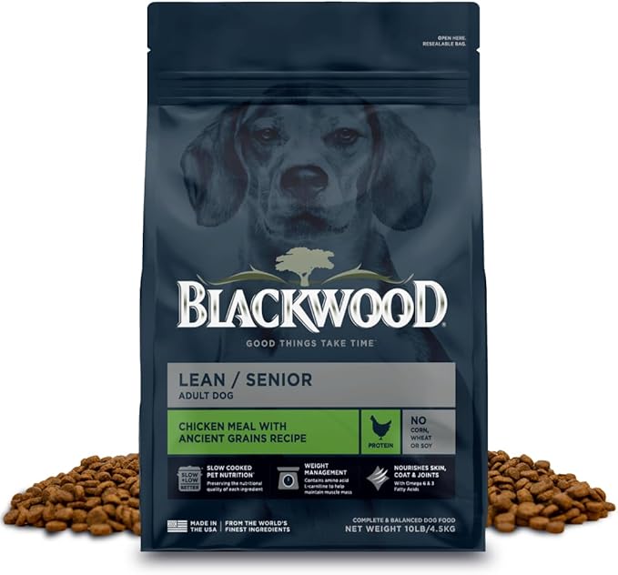 Blackwood Lean/Senior Dry Dog Food, Chicken Meal with Ancient Grains, 10 Pound Bag for Weight Management and Muscle Mass Maintenance