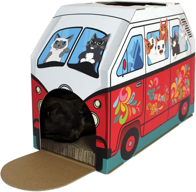 American Cat Club Cat House with Scratcher & Catnip included - Retro Van, 1 Count (Pack of 1)