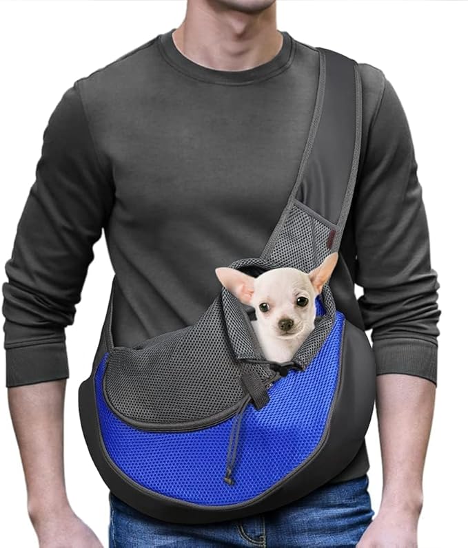 YUDODO Pet Sling Carrier for 5-9 lbs Small Dogs & Cats – Hands-Free Puppy Carrier with Safety Hook, Large Zipper Pocket, Soft Breathable Mesh, Adjustable Strap & Reflective Strip (Blue 1.0 M)