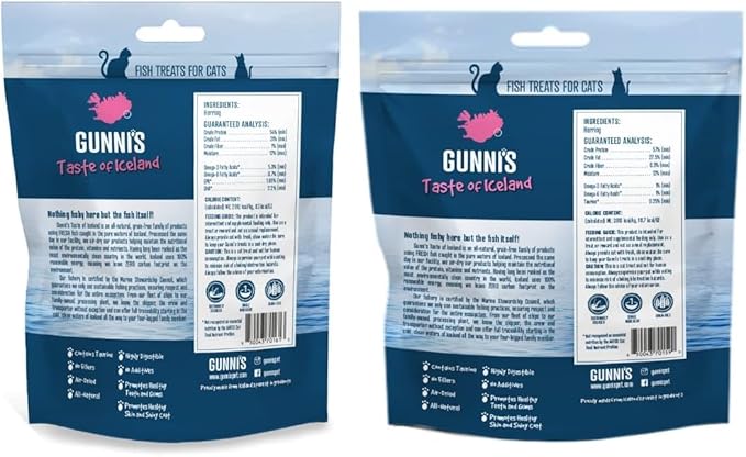 Gunnis Cat Treats Variety Pack – Whole Herring & Omega Bites, 100% Natural Fish Treats, Single Ingredient, High Protein & Omega-3 Rich, Grain-Free, Two 1.5 oz Bags