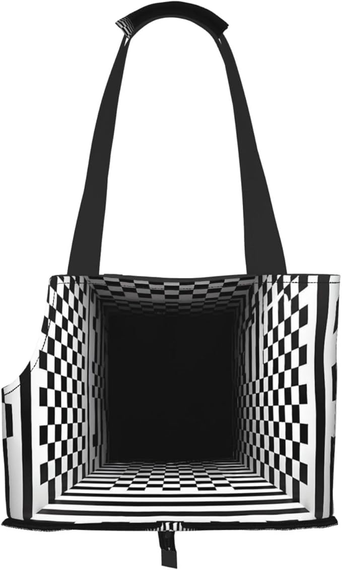 3D Black and White Checkerboard Tunnel Print Foldable Pet Tote Bag, Shoulder Carrier for Small Dogs and Cats