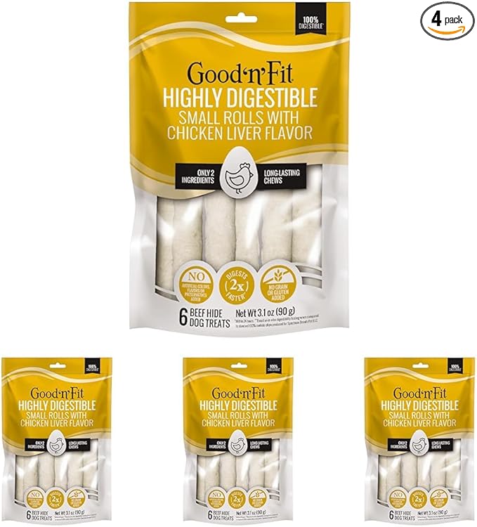 Good n Fit Small Rolls with Real Chicken Liver Flavor, 6 Count, Long-Lasting Highly Digestible Rawhide Chews for Dogs (Pack of 4)