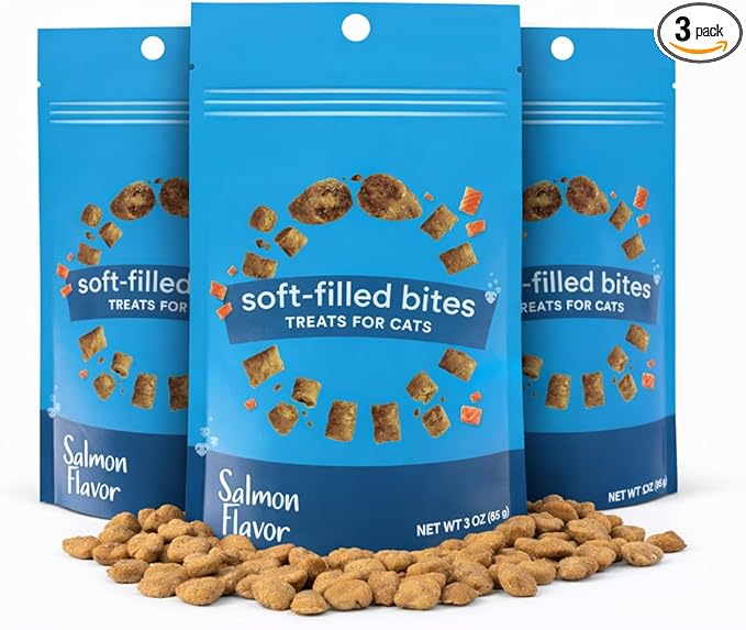 Salmon Cat Treats Crunchy Soft Filled Bites - Healthy Training Treats Indoor Cats Kittens Senior - Low Calorie Cat Snacks Food Topper No Artificial Flavors Wheat Soy Free All Breeds Made in USA 9 oz