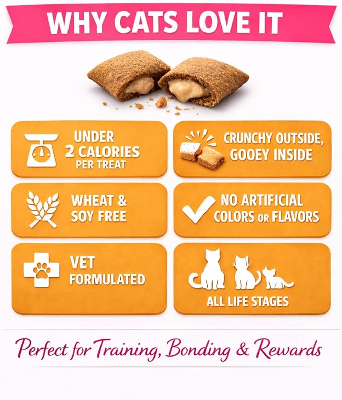 Calming Cat Treats for Indoor Cats – Crunchy Pillow Bites Gooey Center – Chicken Low Calorie Kitty Treats – Cat Snacks Food Topper Training Wheat Soy Free Healthy Dental – 6oz (Packaging May Vary)