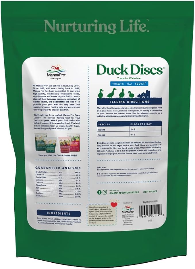 Manna Pro Duck Discs, Floating Duck Treats with 10% Protein, Made with Black Soldier Fly Larvae, Kelp & Alfalfa, Treats for Ducks & Waterfowl, 16 oz