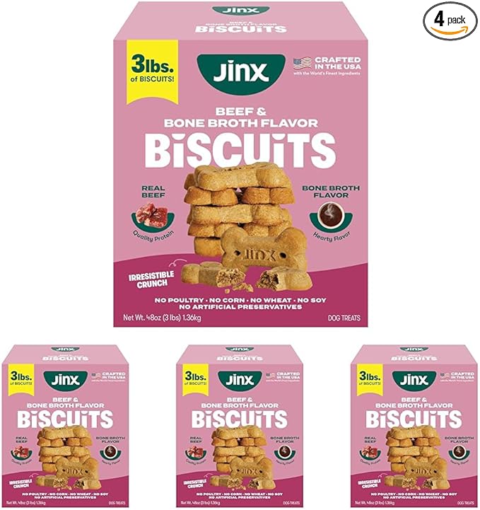 Jinx Oven-Baked Beef Bone Broth Biscuit Dog Treats - Crunchy, All Natural, Superfood-Rich with High-Protein Salmon, Dog Biscuits for Puppies, Adults & Seniors - 3LB (Pack of 4)
