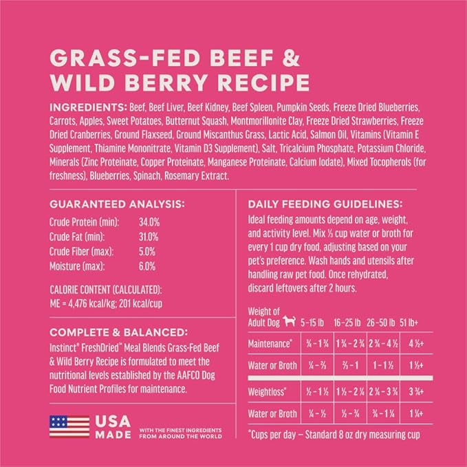 Instinct FreshDried Meal Blends, Freeze Dried Dog Food, Grain Free - Beef & Wild Berries Blend, 3 oz. Bag (Pack of 2)
