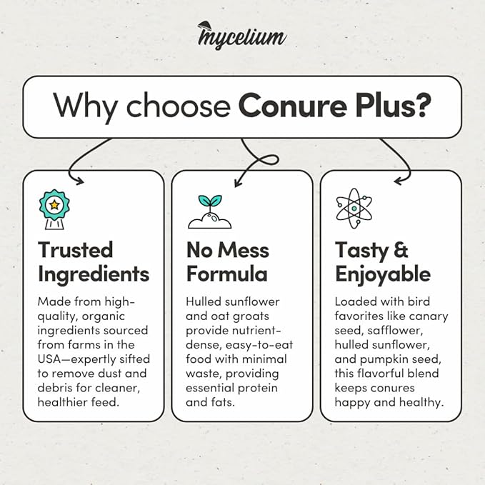 Mycelium Organic Conure Plus Feed (5 LBS) | High-Protein Bird Seed for Conures | Brain & Heart Health, Vitamin-Fortified Daily Nutrition | Omega-Rich, Non-GMO, USA Made