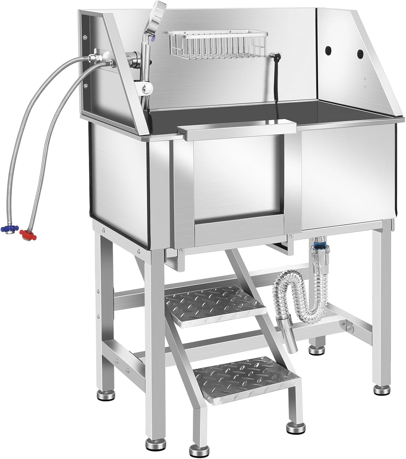 Stainless Steel Dog Washing Station for Large Dogs, Dog Grooming Tub for Home, Professional Dog Bathtub Bathing Station, Pet Wash Station, Dog Shower Tub with Stairs, Drain & Door,34" L-RAMP