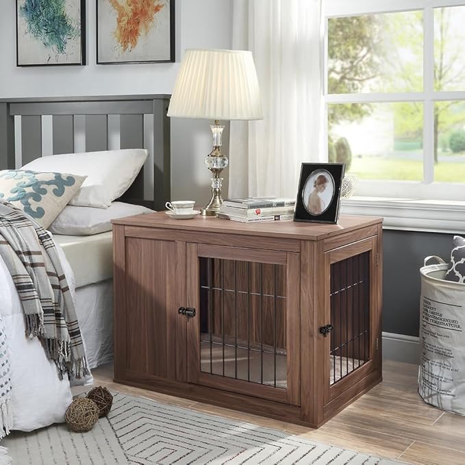 unipaws 36 Inch Furniture Style Dog Crate for Medium Dogs, Indoor Puppy Kennel with Door, Modern Decorative Wood Wire Pet Cage, Pretty Cute End Side Table Nightstand, Walnut