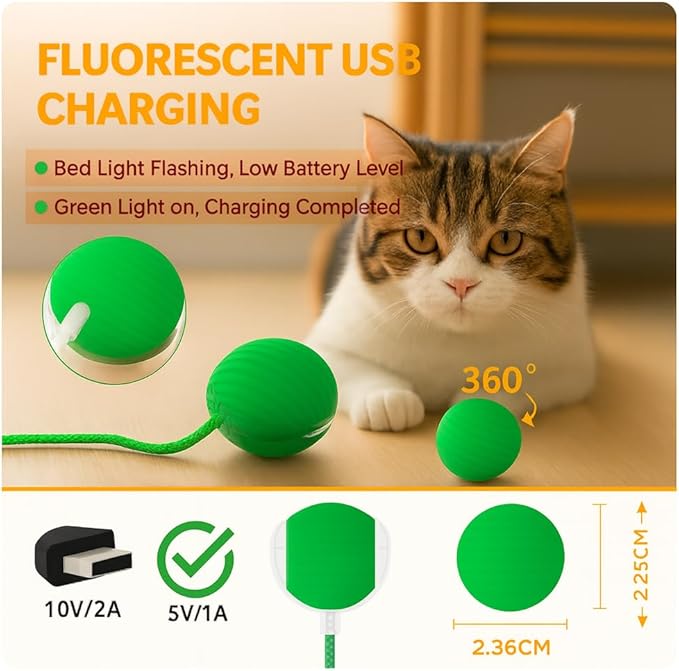 Interactive Cat Toy Ball Green – Smart Rolling Cat Ball with Feather Tail Attachment – Glowing Color Modes – Dual Speed – Automatic Cat Toy for Indoor Cats & Kittens