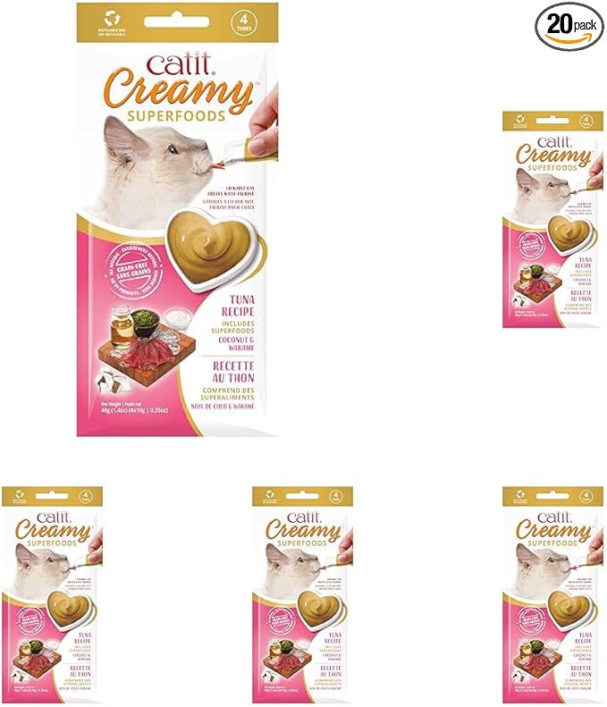 Catit Creamy Superfood Lickable Cat Treat – Hydrating and Healthy Treat for Cats of All Ages - Tuna with Coconut & Wakame, 20-Pack