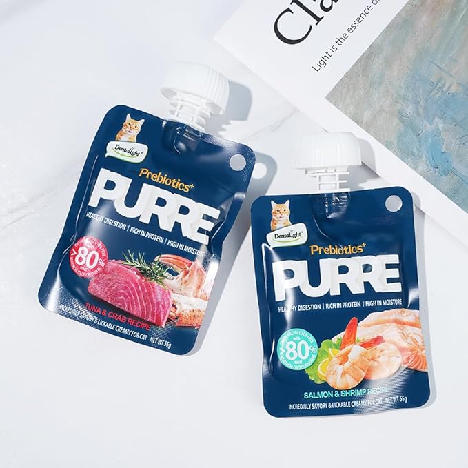 Prebiotics Purre Lickable Wet Cat Treat, Tuna & Crab Recipe, High in Probiotics, Calcium and Fish Oil, No Additives, (55gx2, Salmon & Shrimp)