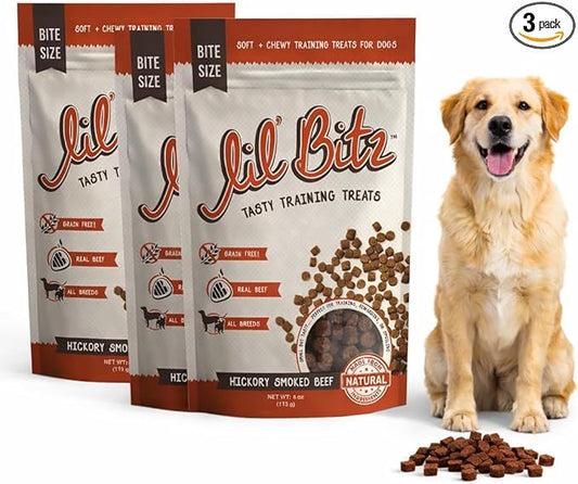 Soft & Chewy Training Treats for Dogs, Bite Size Reward Treats for Training & Positive Reinforcement, Grain Free Dog Treats Made with Real Beef, Hickory Smoked Beef Flavor, 3 Pack (4 oz Each)