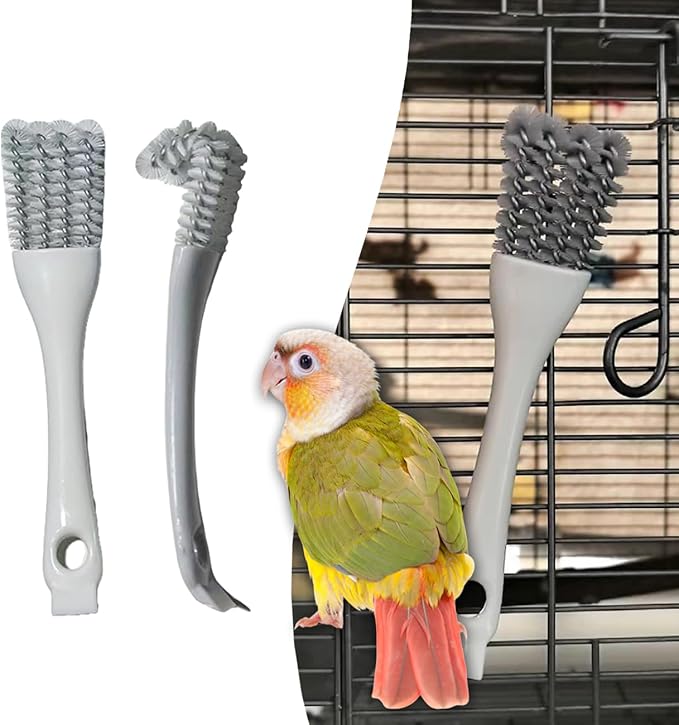 2-in-1 Bird Cage Cleaning Brush & Poop Remover with Long Handle – Scraper, Curved Brush for Parrot Cages, Kennels, and Perches – Rust-Resistant Pet Habitat Cleaning Tool (2 Pcs) (Grey+White)