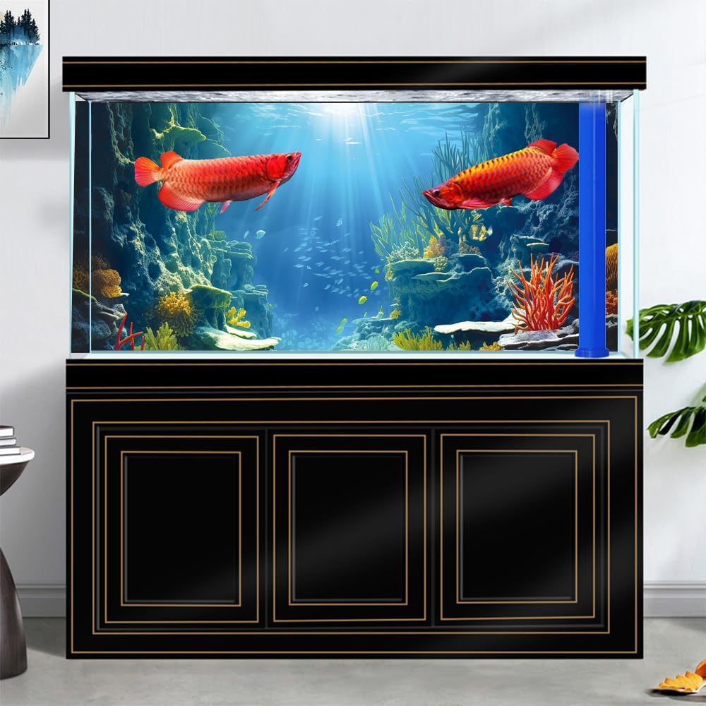 30X18IN Blue Sea Floor Aquarium Background, Natural Underwater World 3D Effect Fish Tank Decorations Background, Art Terrarium Background with 8 EVA Double-Sided Tape