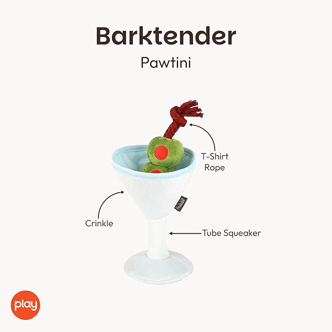 P.L.A.Y. Cute Plush Dog Toys - Barktender Bar & Drink Themed Durable Squeaker Chew Toy, Great for Puppies & Small, Medium, Large Dogs - Machine Washable, Recycled Materials (Pawtini Martini)
