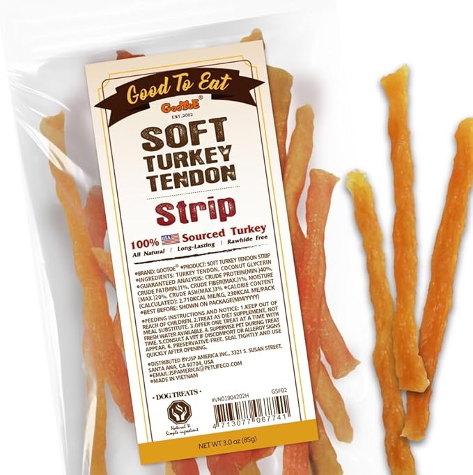 Gootoe Soft Turkey Tendon Strip 3oz, Natural Chewy Snack, USA-Sourced Turkey Tendon, Premium Training Chews, Hypoallergenic, Ideal for Small & Senior Dogs