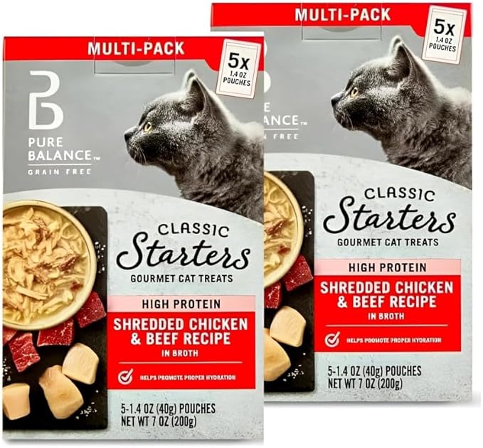 Pure Balance Classic Starters Gourmet Cat Treats, Shredded Chicken & Beef in Broth, High Protein, Soft Treats ~ 5 Pouches of 1.4 Oz ~ Inside, Wet Cat Treat Adult Cats ~ (4 Box).
