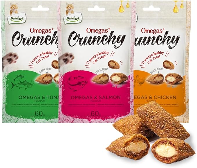 Faywell Omegas Crunchy Cat Chew Treat, Vitamins & Minerals Enriched, Kitty Snack 60g (60g X 3, Salmon Tuna Chicken)