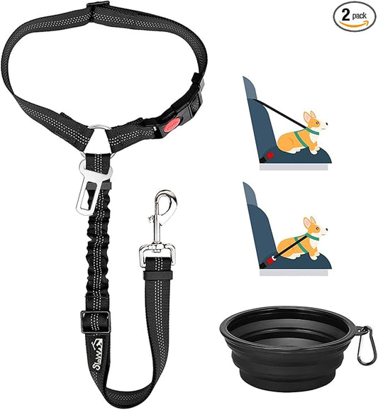Lukovee Dog Car Seat Belt, 2 Pack Headrest Restraint Seatbelt, Adjustable Pet Safety Leads with Reflective Elastic Bungee for Dog Harness Collar Travel Daily Use (Black,Headrest + Clip + 1 Bowl)