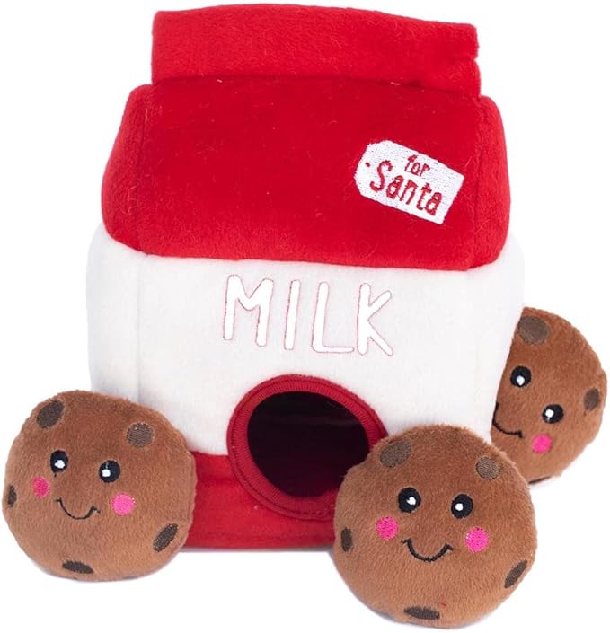 ZippyPaws Burrow- Interactive Dog & Puppy Toys for Boredom, Stimulating Pet Products to Keep Them Busy, Hide & Seek Plush Puzzle, Enrichment Squeaky Toy for Small & Medium Dogs- Santa's Milk & Cookies