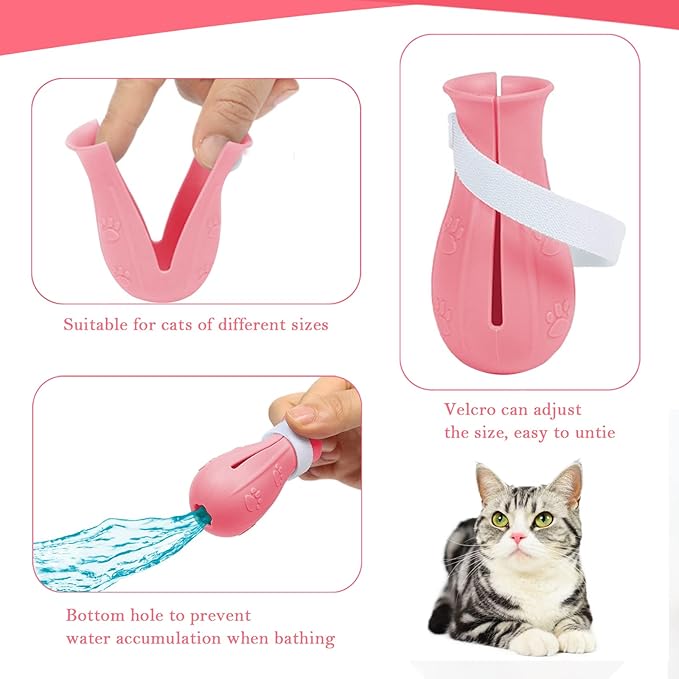 4Pcs Cat Boots for Cats Only Paw Covers Protectors Claws Shoes Paws Wound Boot Silicon Anti Scratch Cat Mittens for Bathing, Nail Clipping, Ears Cleaning, Treatment（Pink）