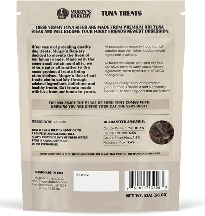 Mugzy's Barkery Handmade Cat Treats, Dehydrated Ahi Tuna, Single Ingredient, 81% Protein, Wheat Free, Corn Free, Gluten Free, Soy Free, No Additives, No Junk, 100% Ahi Tuna, 2oz