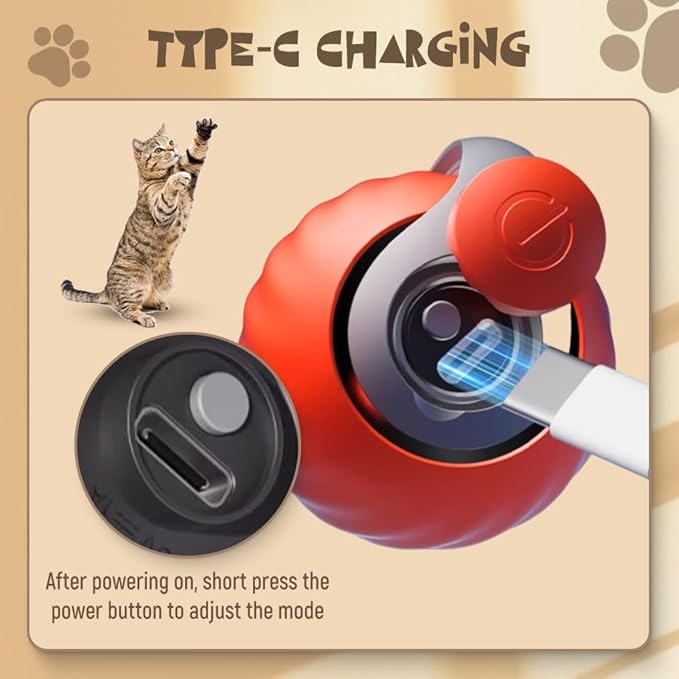 Speedy Toy Cat Toy, 2025 NewUSB Rechargeable Smart Cat Toys Ball Smart Automatic Rolling Pet Ball, Interactive Cat Toys Ball for Indoor Two Speed Adjustment with Replacement Tail (Orange)